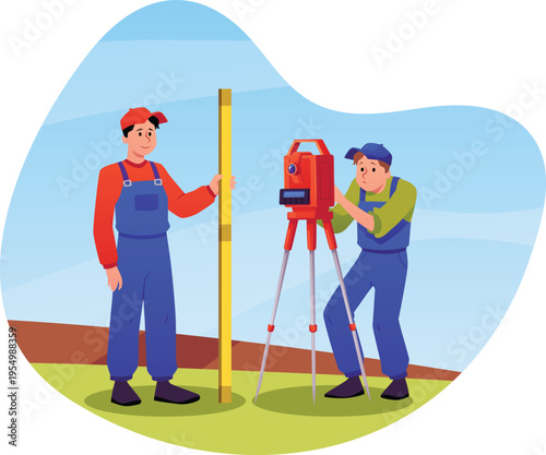 Surveyors civil engineers using measuring theodolite on tripod, vector geodesy workers measuring on field land isolated