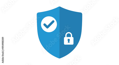 A blue shield icon with a checkmark and lock on a white background representing security and protection