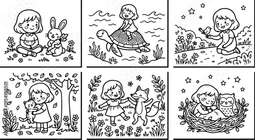 Cute line art cartoon girl interacting with adorable animals and nature in various playful scenes with floral and starry backgrounds charming vector design set