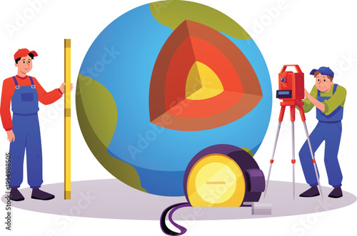 Surveyor civil engineers using measuring equipment theodolite and leveling rod, Earth globe in cross section flat vector