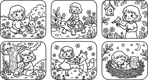 Cute girl interacting with wild animals sitting rabbit riding turtle feeding bird hugging cat dancing with fox sleeping with owl in nest nature scenes vector line art