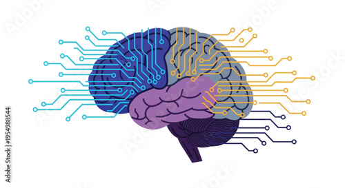 A colorful illustration of a human brain with circuit boards and wires symbolizing technology and neuroscience