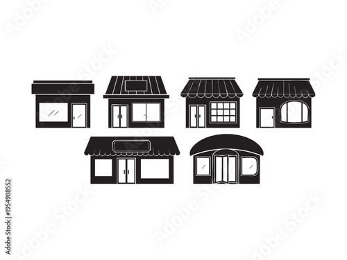 Set of diverse shop fronts and retail store facades with awnings