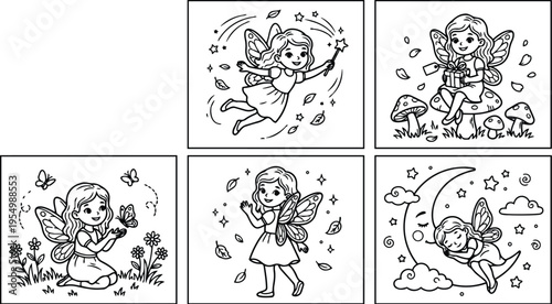 Cute fairy girl holding flower sitting flying with wand in magical garden enchanted forest night moon stars whimsical line art coloring pages set