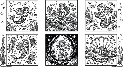 Monochrome vector art of smiling mermaid swimming with dolphins sitting among coral reef holding seashell in underwater cave with sleeping mermaid resting inside giant clam shell underwater