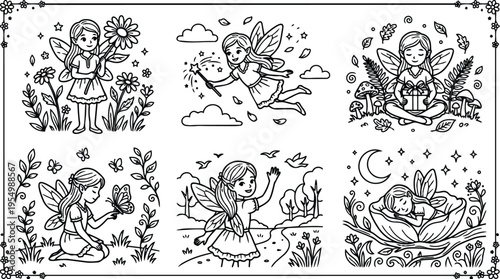 Black and white line art fairy girl holding flower sitting with gift flying with magic wand waving hands and sleeping on leaf in scenic nature background