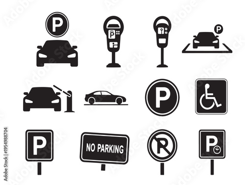 Black silhouette parking and traffic signs and symbols