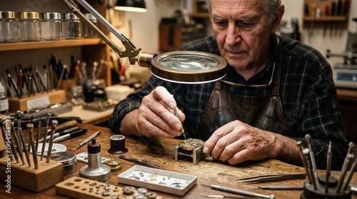 Elderly watchmaker repairing mechanical watch under magnifying lamp