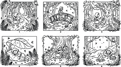 Black and white line art vector showing young smiling girl with backpack walking through magical forest with glowing fireflies mushrooms bridge and talking tree in daytime nature adventure scene