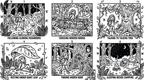 Black and white comic style forest adventure scenes with girl hiking glowing mushrooms crossing wooden bridge talking to tree resting under leaf finding hidden door and sleeping beside campfire