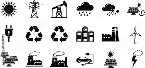 Energy, power, renewable, solar, wind, battery, electricity, industry, factory, oil, recycling, eco, environment, technology, icon, set, black, silhouette, vector, illustration