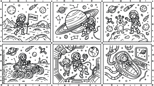Detailed line art space explorer astronaut planting flag on moon rover driving in space woman with robot and alien in spaceship sleeping in futuristic capsule vector illustration collection