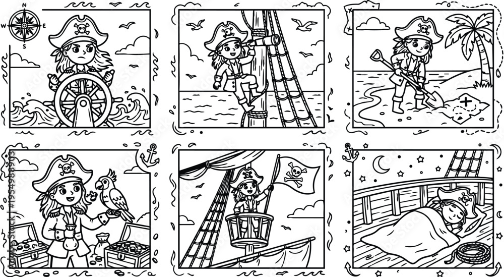 Obraz premium Black and white vector line art of young pirate girl steering ship sailing looking through spyglass digging treasure burying chest talking parrot waving flag and sleeping on deck under starry night