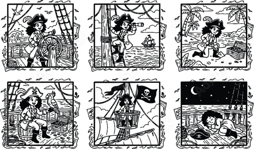 Black and white vector art of young pirate girl navigating ship steering wheel with birds flying at sea viewed from side and front angles with treasure island and nighttime sleeping scene