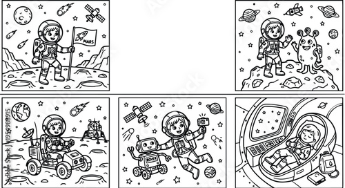 Black and white space cartoon vector art showing astronaut exploring mars surface driving rover hovering near saturn waving alien and sleeping in spacecraft cabin
