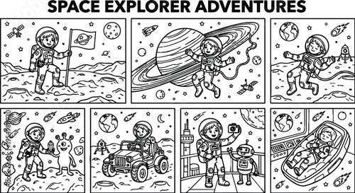 Black and white line art space explorer adventures with astronaut planting flag driving rover interacting alien taking selfie with robot and sleeping in spacecraft vector series