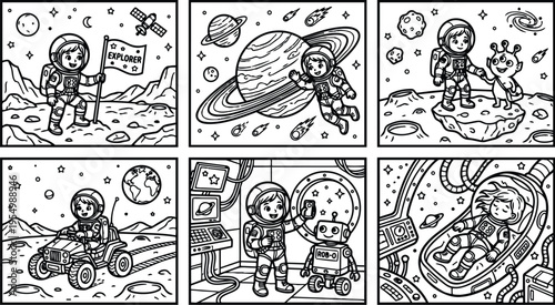 Cute vector art of child astronaut planting explorer flag on moon driving lunar rover meeting alien holding hands with robot in spaceship sleeping in capsule