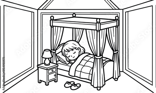 Black and white line art cozy bedroom scene girl sleeping on four poster bed with curtains bedside table lamp and slippers indoor peaceful atmosphere illustration