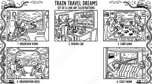 Line art illustrations of train travel scenes including mountain view observation deck dining car card game sleeper cabin and cozy bunk at night