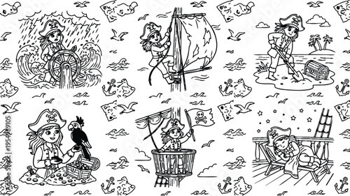 Black and white line art pirate girl sailing ship steering wheel climbing mast looking out treasure island digging chest with shovel holding parrot tropical beach sleeping on deck seamless pattern