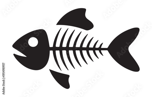 Stylized fish skeleton icon in black and white, depicting bones and fins of aquatic animal