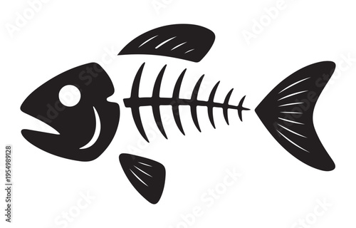 Stylized fish skeleton icon in black and white, depicting bones and fins of aquatic animal
