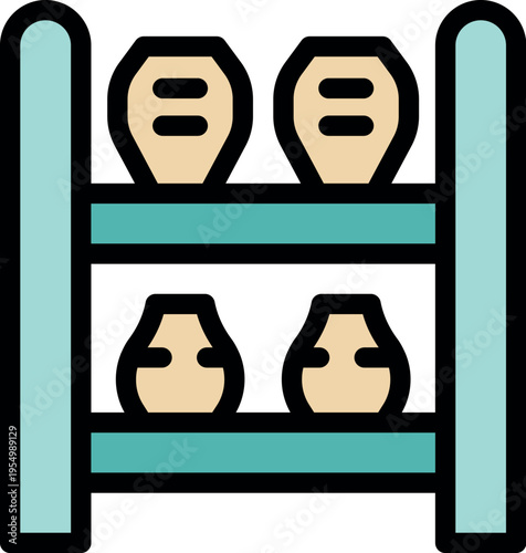 Museum display showcasing ancient pottery on a two tiered storage rack, preserving historical artifacts for exhibition