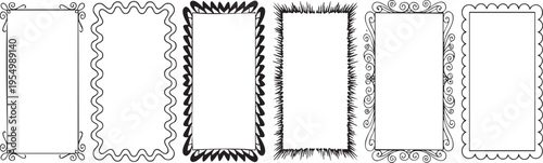 Set of Six Hand Drawn Decorative Rectangular Frames and Borders