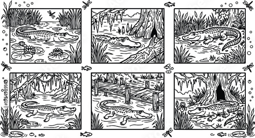 Black and white detailed vector art scenes showing alligator in swamp environment near large tree dock and water lilies in natural wetland habitat with line art style
