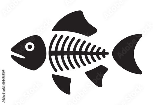 Black fish skeleton isolated on white background, minimalist design, vector art, simple illustration, clear outline