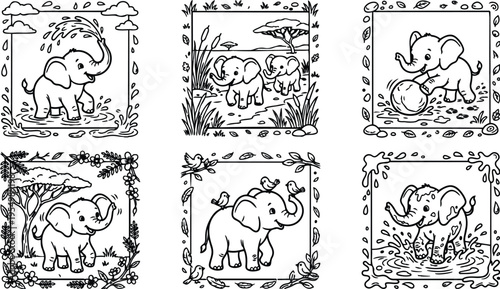 Cute baby elephants playing splashing water with trunks floral and leaf decorative borders safari landscape vector line art collection
