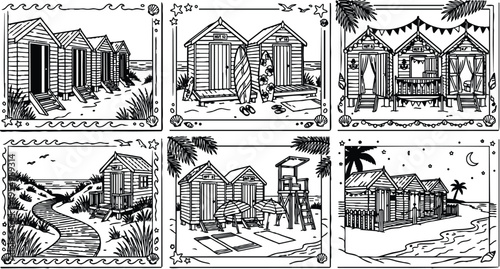 Black and white line art beach huts collection with surfboards umbrellas palm trees sea waves night sky stars and crescent moon simple coastal scenery