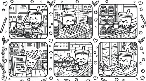 Cute bubble tea character preparing tapioca pearls mochi and taro in cozy cafe kitchen with menu board and smiling drinks in kawaii style line art cartoon