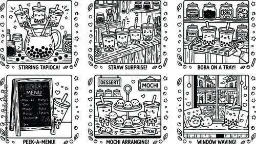 Playful black and white vector art set featuring smiling boba tea cups with tapioca pearls stirring stirring tapioca straw surprise boba tray mochi dessert window waving scenes