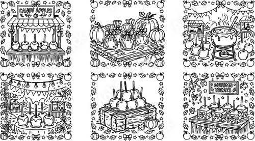 Black and white autumn treat illustrations featuring candy apples pumpkin spice bags and autumnal decorations with festive banners and fall leaves border