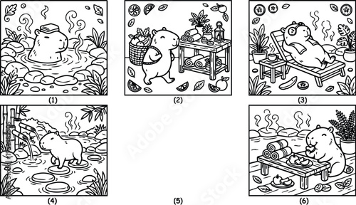 Hand drawn black and white capybara enjoying spa day in nature relaxing eating fruit stepping stones and steaming hot spring surrounded by plants and lanterns