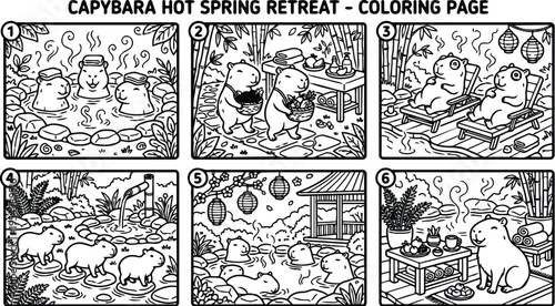 Black and white vector art of capybaras enjoying a hot spring retreat with baskets lanterns and relaxation scenes in natural garden setting