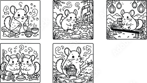 Cute vector art of smiling chinchilla enjoying hot spring bath relaxing in nature cherry blossom flowers and two chinchillas talking near towels with basket of eggs in peaceful outdoor scenes