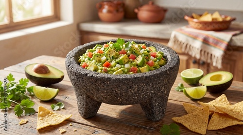 Fresh guacamole in molcajete served with tortilla chips and lime  