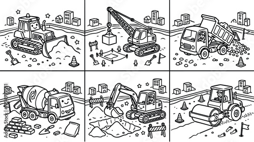 Black and white line art construction scene featuring smiling heavy machinery vehicles working on site with workers and city buildings in background vector illustration