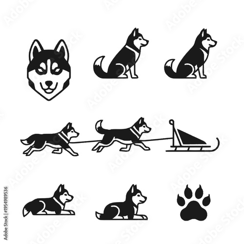 Collection of black and white husky dog icons including head portrait, sitting poses, sled team pulling a sled, lying down positions, and a single paw print mark on white background.