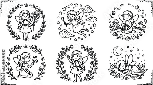 Cute line art fairy characters holding flower sitting with gift resting wings surrounded by floral wreath and stars magical fantasy whimsical black and white vector