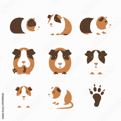 Collection of cartoon guinea pig illustrations in various poses including front and side views, eating a carrot, fluffy textures, and a paw print icon, isolated on white background.