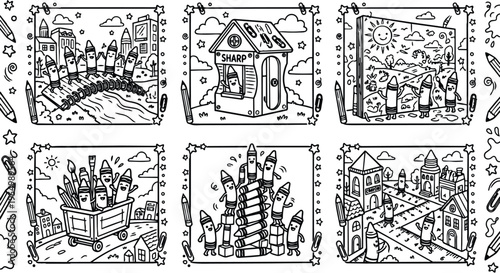Black and white coloring book style vector art featuring anthropomorphic crayons celebrating creativity with urban city landscapes and whimsical scenes in playful outlined style