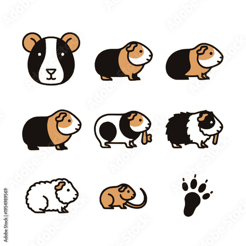 Collection of minimalist guinea pig vector icons showing different breeds, colors, and poses such as a face portrait, profile views, eating food, a baby pup, and a paw print.