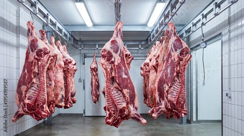 Hanging raw meat in processing facility with stainless steel hooks  