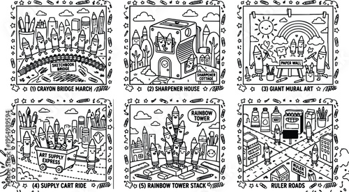 Black and white line art crayon character scenes featuring bridge march sharpener house giant mural art rainbow tower stacked colored pencils and ruler roads vibrant playful vector design