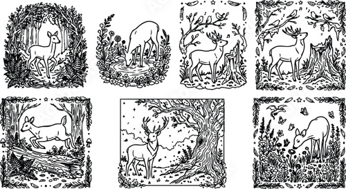 Intricate black line art deer illustrations with floral and forest elements in decorative frames featuring fawn drinking listening jumping and standing under tree detailed vector drawings