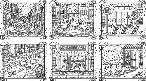 Black and white vector art of smiling ducks walking with umbrellas in rainy street scenes wearing boots buying bread at bakery storefront and floating paper boats on water ponds