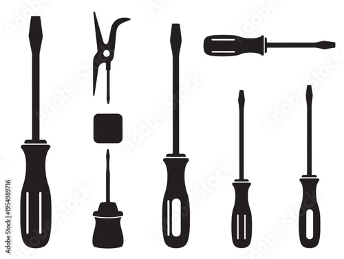 A set of screwdrivers and pliers on a white background